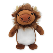 A plush animal toy resembling a bison with brown and white coloring and a smiling face.