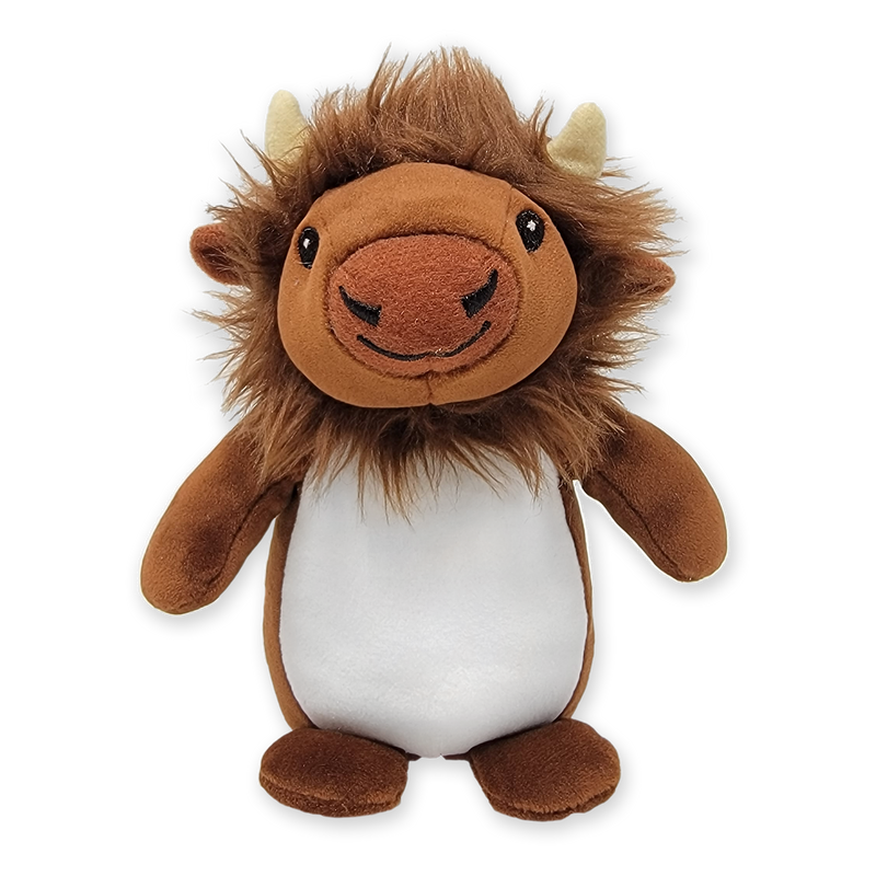 A plush animal toy resembling a bison with brown and white coloring and a smiling face.