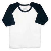Front view of a blank white toddler raglan shirt with black three-quarter sleeves and a round neckline.