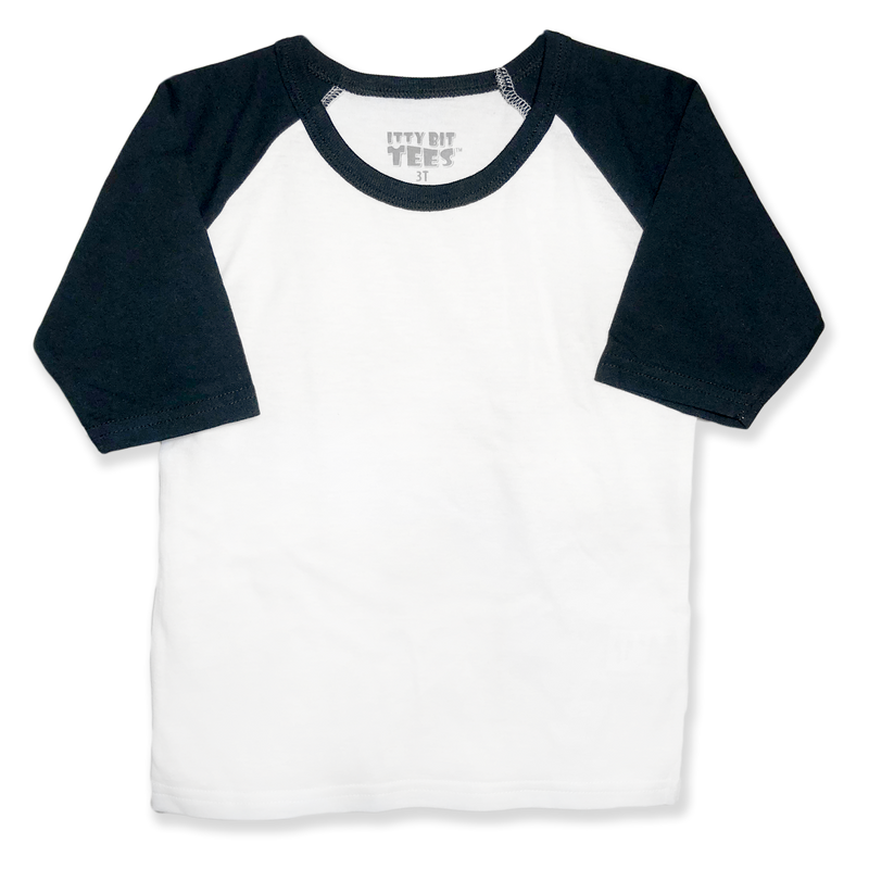 Front view of a blank white toddler raglan shirt with black three-quarter sleeves and a round neckline.