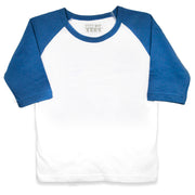 Front view of a blank white toddler raglan t-shirt with royal blue three-quarter length sleeves.