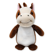 A plush brown horse toy with a smiling face, sitting upright.