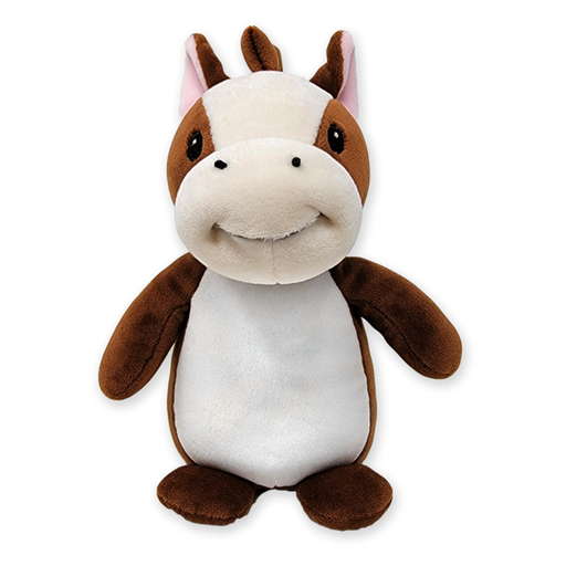 A plush brown horse toy with a smiling face, sitting upright.