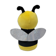 Back view of a plush bee toy with a yellow head, black antennae, black-and-yellow striped body, and silver glitter wings on a transparent background.