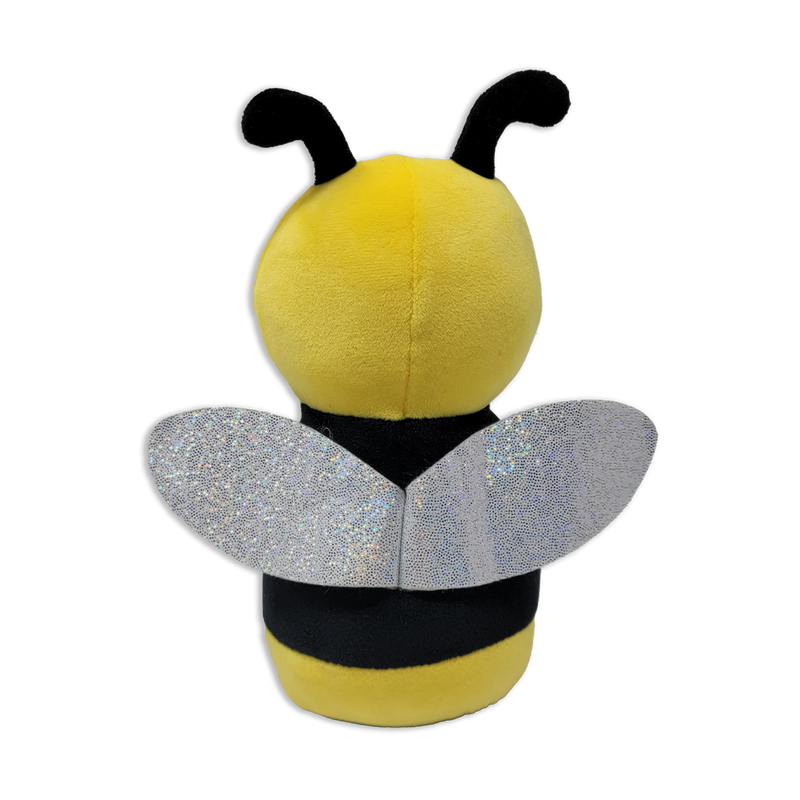 Back view of a plush bee toy with a yellow head, black antennae, black-and-yellow striped body, and silver glitter wings on a transparent background.