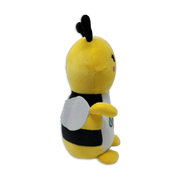 Side view of a plush bee toy with a yellow head, black antennae, black-and-yellow striped body, white belly, small yellow arms and feet, and a silver wing on a transparent background.
