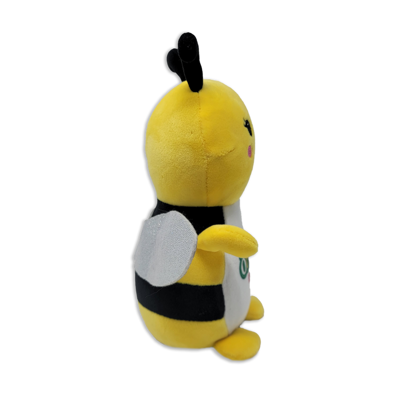 Side view of a plush bee toy with a yellow head, black antennae, black-and-yellow striped body, white belly, small yellow arms and feet, and a silver wing on a transparent background.