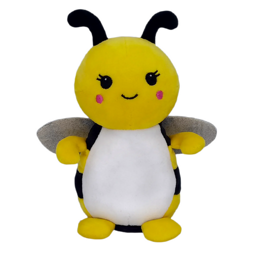 A plush, soft, black and yellow bumblebee toy.
