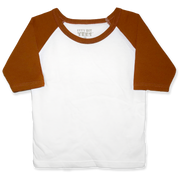 Front view of a blank white toddler raglan shirt with brown three-quarter sleeves and a round neckline.
