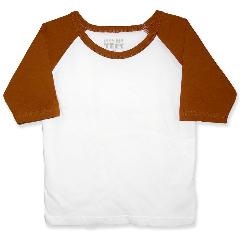 Front view of a blank white toddler raglan shirt with brown three-quarter sleeves and a round neckline.
