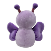 Back view of a purple butterfly plush toy with rounded body, two antennae with glitter stems, soft purple wings, and a visible center seam on a transparent background.