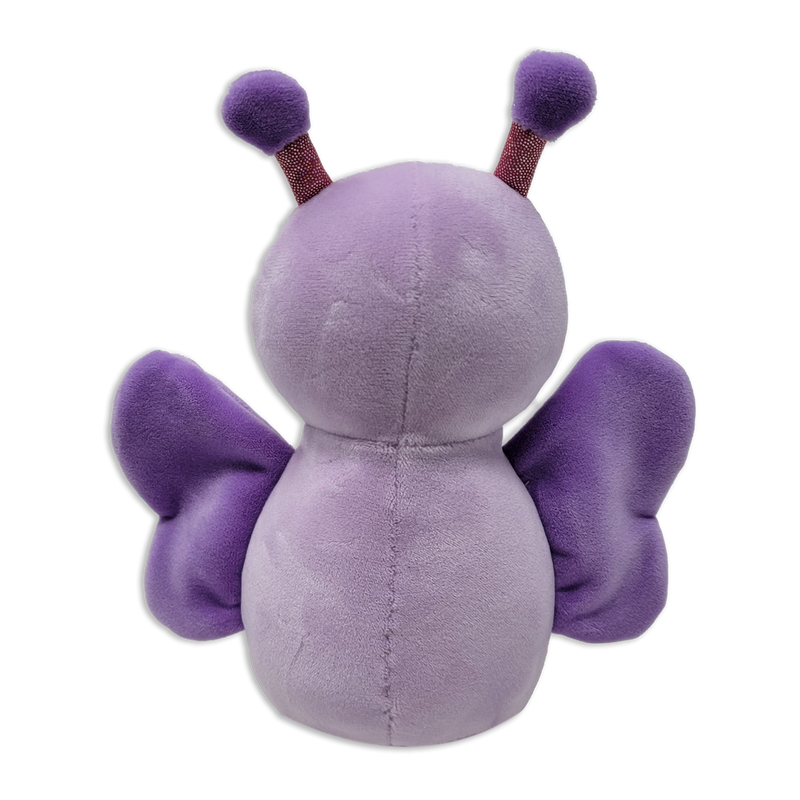 Back view of a purple butterfly plush toy with rounded body, two antennae with glitter stems, soft purple wings, and a visible center seam on a transparent background.