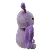 Side view of a purple butterfly plush toy showing rounded body, single visible antenna with glitter stem, one soft purple wing, small black eye, and pink cheek on a transparent background.