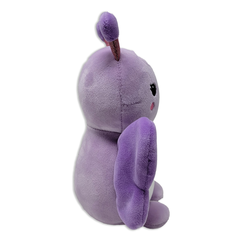 Side view of a purple butterfly plush toy showing rounded body, single visible antenna with glitter stem, one soft purple wing, small black eye, and pink cheek on a transparent background.