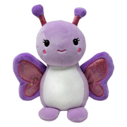 A plush toy resembling a purple and white butterfly with a smiling face.