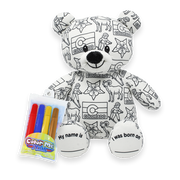 Front view of a white teddy bear plush covered in black Colorado-themed illustrations, with a Color Me Plush marker pack shown beside it, and text on the feet reading “My name is” and “I was born on.”