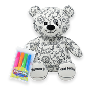 A plush teddy bear with 'Florida' printed on its fabric, along with icons like an alligator, flamingo, dolphin, sun, and orange. It is accompanied by a pack of colorful markers and has a blank label for personalization, such as a name and birthday.