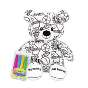 A plush teddy bear with 'Georgia' printed on its fabric, along with icons such as a state outline, a bumblebee, a peach, and a Cherokee Rose flower. It is accompanied by a pack of colorful markers.