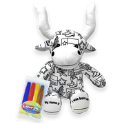 A plush toy resembling a longhorn steer with a coloring sheet and markers included, featuring Texas-themed graphics.