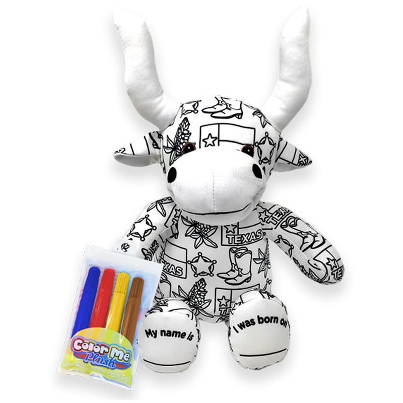 A plush toy resembling a longhorn steer with a coloring sheet and markers included, featuring Texas-themed graphics.