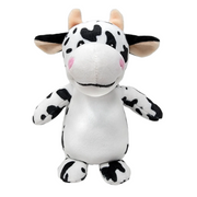 A plush toy resembling a smiling cow with a predominantly white body and black spots, with a soft, fluffy texture.
