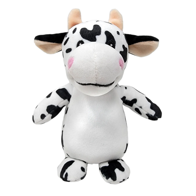 A plush toy resembling a smiling cow with a predominantly white body and black spots, with a soft, fluffy texture.