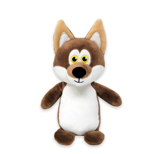 A plush animal toy resembling a coyote with a predominantly white and brown color scheme, standing upright.