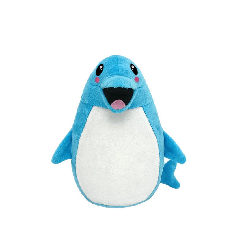 A plush animal toy resembling a dolphin with a predominantly blue body and a white belly, featuring a soft, textured surface.