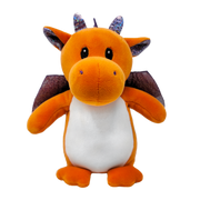 A plush animal toy resembling a dragon with orange body and white and gray accents, standing upright.