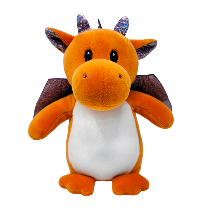 A plush animal toy resembling a dragon with orange body and white and gray accents, standing upright.