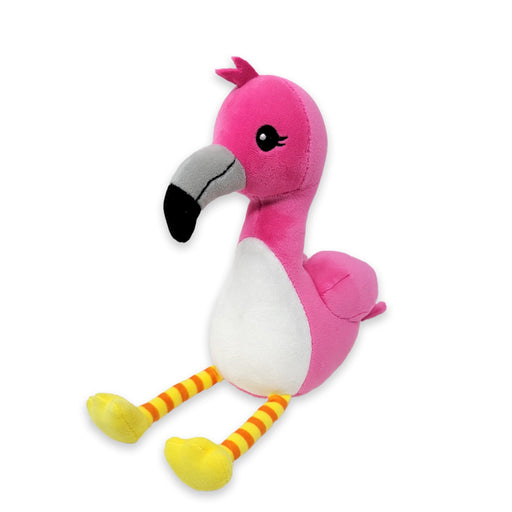 A plush, pink flamingo toy with white and black striped legs, sitting with its wings spread.
