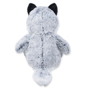 Back view of a gray and white plush husky dog showing fluffy fur, black ears, short arms, and a rounded tail, displayed against a white background.