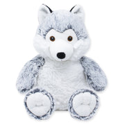 A plush toy resembling a husky dog with a predominantly white and gray color scheme, featuring a soft texture and a cuddly design.