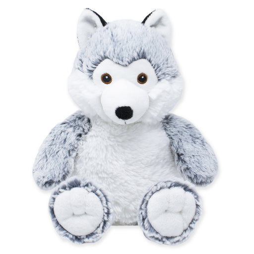 A plush toy resembling a husky dog with a predominantly white and gray color scheme, featuring a soft texture and a cuddly design.