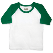 Front view of a blank white toddler raglan shirt with green three-quarter sleeves and a round neckline.
