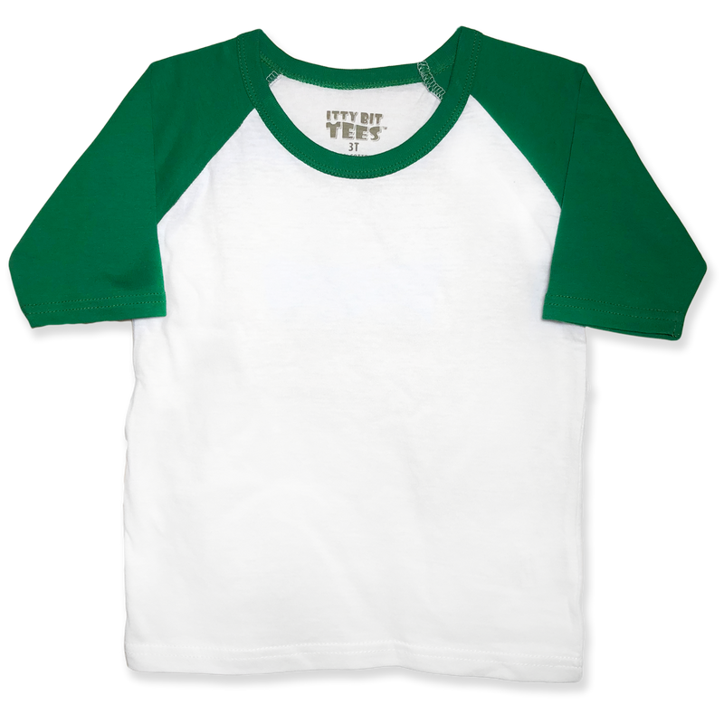 Front view of a blank white toddler raglan shirt with green three-quarter sleeves and a round neckline.