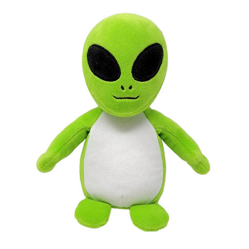 A plush green alien toy with a white belly, sitting upright.