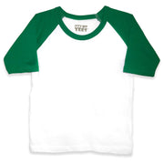 Front view of a blank white toddler raglan t-shirt with green three-quarter length sleeves.
