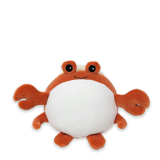 A plush toy resembling a hermit crab with a predominantly white body and brown/red accents, featuring a smiling face and outstretched arms.