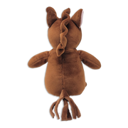 Back view of a brown plush lion showing the fabric mane running down the center of the head and back, rounded ears, outstretched arms, stitched center seam, and a tasseled tail on a transparent background.