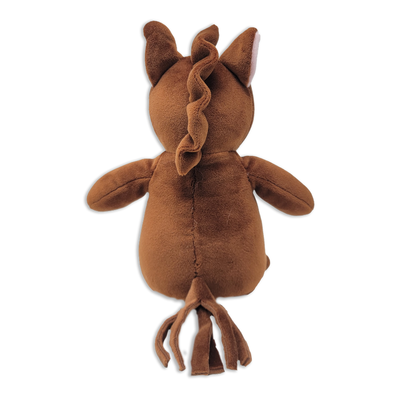 Back view of a brown plush lion showing the fabric mane running down the center of the head and back, rounded ears, outstretched arms, stitched center seam, and a tasseled tail on a transparent background.