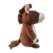 Side view of a brown plush lion with a white snout and belly, rounded ears with pink inner fabric, soft fabric mane along the back of the head, short arms, and a tail extending behind on a transparent background.