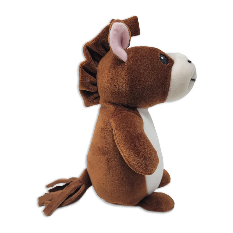 Side view of a brown plush lion with a white snout and belly, rounded ears with pink inner fabric, soft fabric mane along the back of the head, short arms, and a tail extending behind on a transparent background.