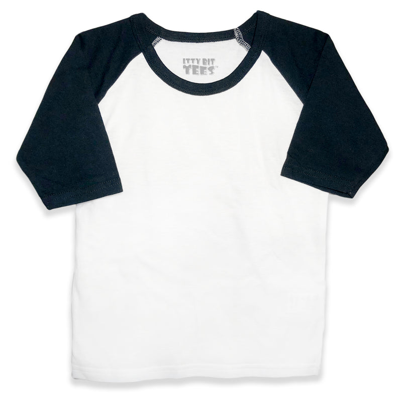 Front view of a blank white toddler raglan t-shirt with black three-quarter length sleeves.