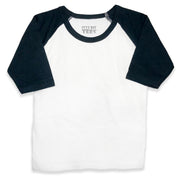 Front view of a blank white toddler raglan t-shirt with black three-quarter length sleeves.