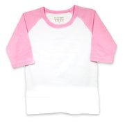 Front view of a blank white toddler raglan t-shirt with pink three-quarter length sleeves.