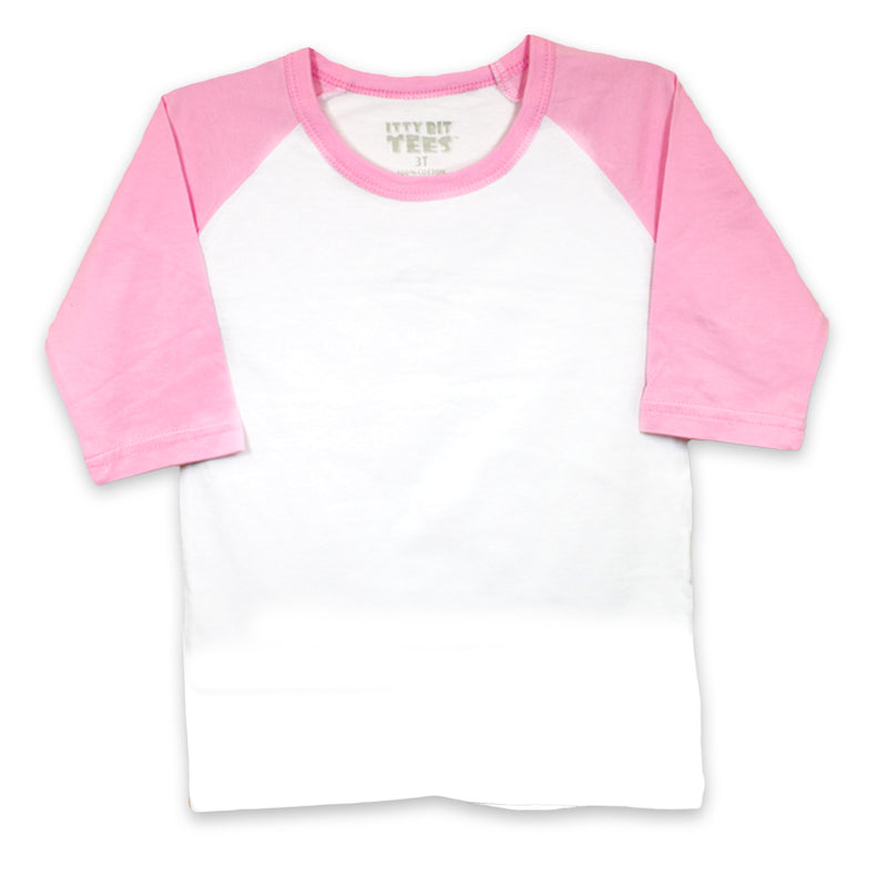Front view of a blank white toddler raglan t-shirt with pink three-quarter length sleeves.