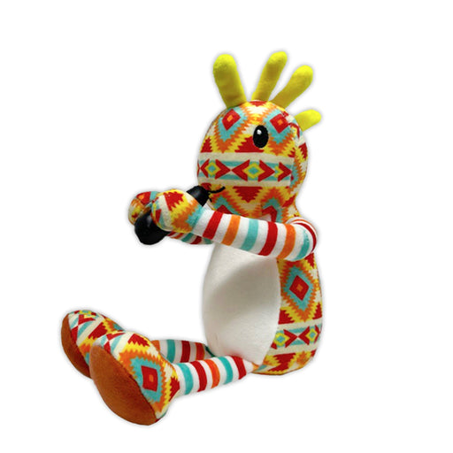 A colorful plush kokopelli toy with a cheerful face, extended arm, and vibrant southwestern patterned legs.