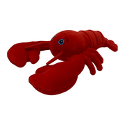 A red plush lobster toy laying down with visible blue eyes and antennae.