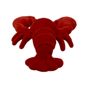 Rear view of a red plush lobster showing segmented tail, rounded body, multiple legs, and two large claws on a transparent background.
